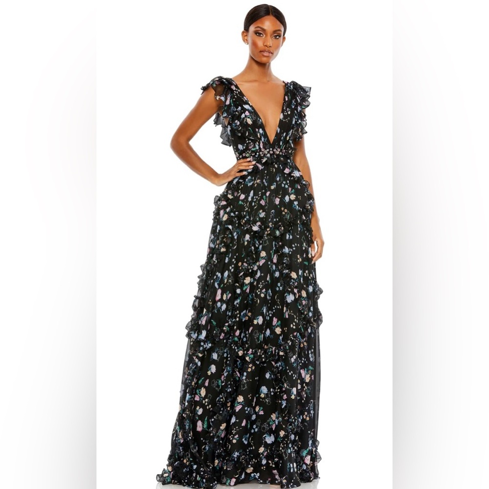 RUFFLED FLORAL PRINT CAP SLEEVE GOWN Size 6